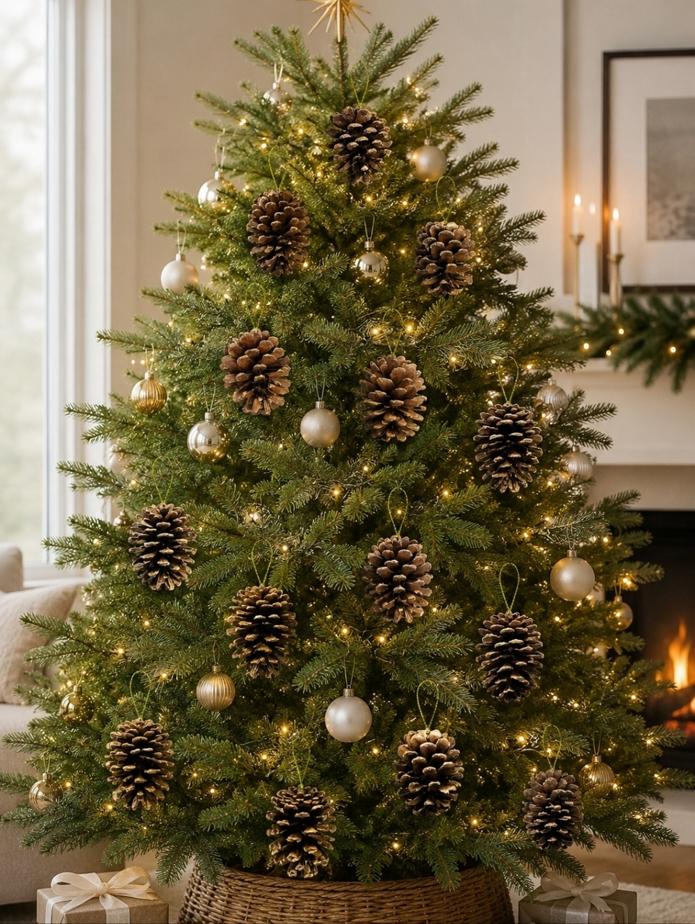 SET OF 12 Natural Pinecone Holiday Ornaments - Gold-Trimmed Brown (Unbranded)